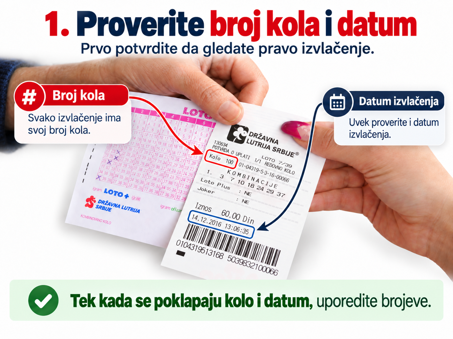 Provera broja kola i datuma izvlačenja na Loto tiketu pre poređenja brojeva.